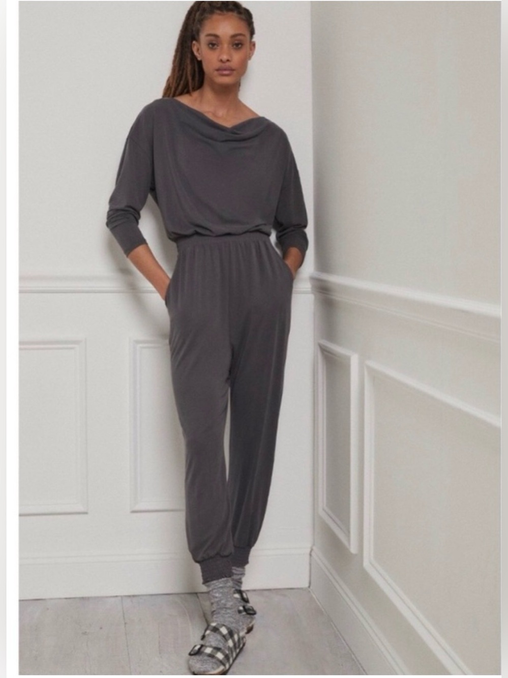 Saturday Sunday By Anthropologie Women's Sz M Grey Relaxed Draped Neck Jumpsuit